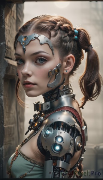 1girl,solo,long hair,breasts,looking at viewer,blue eyes,brown hair,jewelry,closed mouth,upper body,ponytail,braid,earrings,small breasts,blurry,collar,from side,lips,grey eyes,eyelashes,makeup,blurry background,headgear,freckles,science fiction,realistic,nose,mechanical arms,cyborg,single mechanical arm,cyberpunk,mechanical parts,hair ornament,twintails,medium breasts,outdoors,parted lips,artist name,signature,necklace,expressionless,building,portrait,eyeshadow,backlighting,circlet,pink lips,hair tie,android,stud earrings,eyeliner,mascara,earpiece