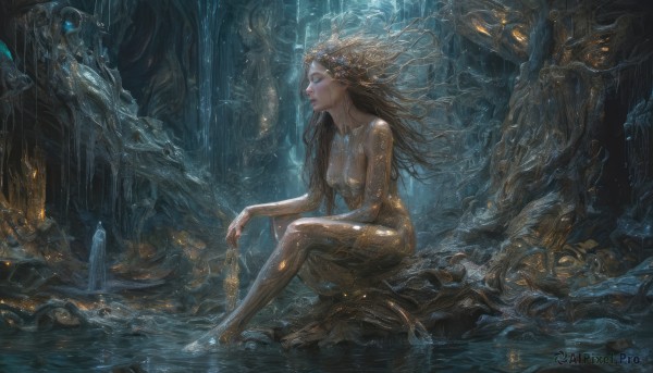 1girl,solo,long hair,breasts,blue eyes,brown hair,jewelry,medium breasts,sitting,nipples,nude,parted lips,barefoot,artist name,signature,water,lips,wet,glowing,looking up,monster girl,science fiction,fantasy,giant,ruins,cave,closed eyes,tree,makeup,floating hair,gem,nature,forest,rock,realistic