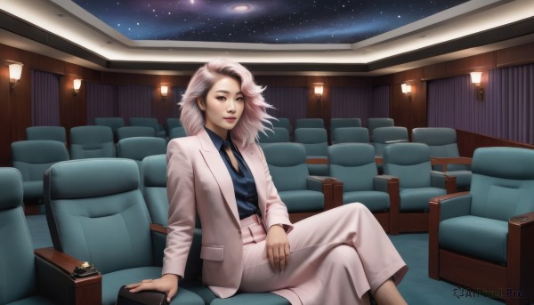 1girl,solo,breasts,looking at viewer,smile,short hair,skirt,shirt,brown eyes,jewelry,sitting,jacket,white hair,multicolored hair,open clothes,necktie,sky,collared shirt,pants,artist name,indoors,medium hair,two-tone hair,open jacket,lips,window,makeup,night,arm support,chair,formal,table,ring,white jacket,crossed legs,suit,blue shirt,lipstick,star (sky),couch,starry sky,realistic,white pants,nose,suit jacket,pant suit,white suit,long hair,brown hair,grey hair,belt,blazer