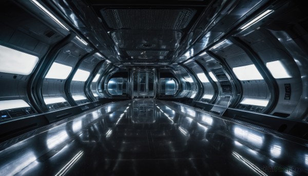 indoors,dutch angle,no humans,window,scenery,reflection,science fiction,spacecraft,cockpit,seat,blurry,floating,machinery,blue theme,realistic,light,cable,space,wire,machine,grey theme