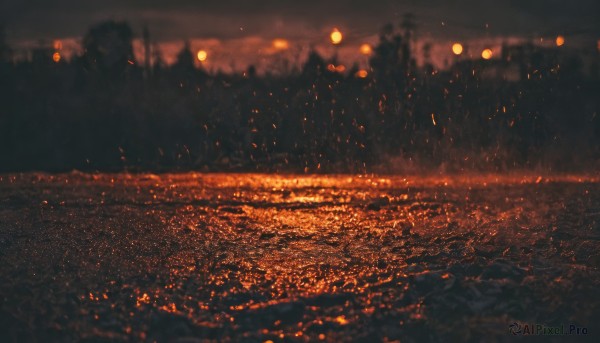 outdoors,sky,cloud,blurry,tree,no humans,night,depth of field,fire,building,nature,scenery,forest,lantern,city,cityscape,dark,red theme,river,paper lantern,landscape,city lights,embers,orange theme,night sky,mountain,road