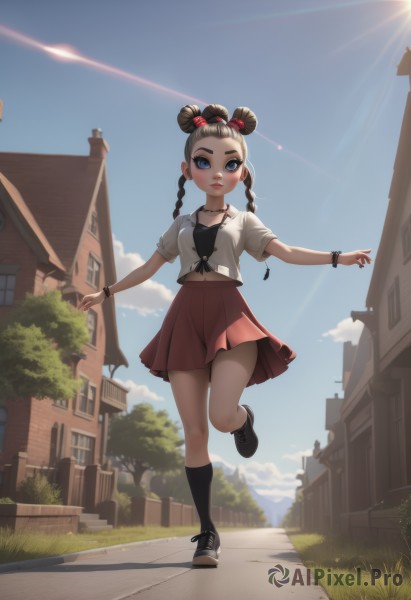 1girl,solo,long hair,breasts,looking at viewer,blush,blue eyes,skirt,brown hair,shirt,black hair,hair ornament,bow,navel,jewelry,closed mouth,standing,collarbone,jacket,full body,white shirt,braid,short sleeves,hair bow,pleated skirt,small breasts,outdoors,sky,shoes,choker,day,socks,midriff,artist name,cloud,miniskirt,necklace,hair bun,nail polish,black footwear,twin braids,bracelet,tree,blue sky,lips,kneehighs,black shirt,double bun,makeup,red skirt,leg up,sunlight,standing on one leg,thick eyebrows,grass,outstretched arms,black socks,building,sneakers,child,forehead,pink skirt,backlighting,walking,running,sun,red lips,female child,road,lamppost,shoelaces,black bra,house