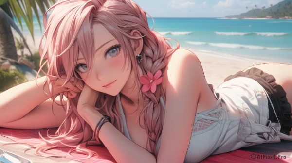 1girl,solo,long hair,breasts,looking at viewer,blush,smile,bangs,blue eyes,large breasts,shirt,hair ornament,cleavage,hair between eyes,bare shoulders,jewelry,closed mouth,swimsuit,white shirt,pink hair,braid,flower,heart,bikini,thighs,earrings,outdoors,lying,frills,sky,sleeveless,day,hair flower,water,blurry,bracelet,tree,blue sky,lips,grey eyes,bare arms,sleeveless shirt,blurry background,black bikini,ocean,white bikini,on side,beach,on stomach,towel,hair over shoulder,pink flower,frilled bikini,head rest,sand,palm tree,bangle,elbow rest,flower earrings,skirt,brown hair,medium breasts,collarbone,ass,sidelocks,cloud,black skirt,phone,sunlight,cellphone,bottle,smartphone,bikini skirt,beach towel,sunscreen