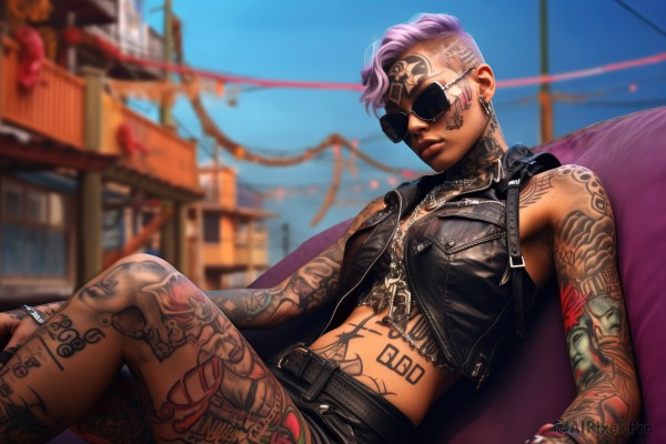 1girl,solo,breasts,looking at viewer,short hair,gloves,navel,bare shoulders,jewelry,sitting,pink hair,purple hair,earrings,small breasts,outdoors,parted lips,sky,shorts,sleeveless,day,midriff,belt,dark skin,necklace,nail polish,blurry,vest,bracelet,dark-skinned female,blue sky,lips,crop top,fingernails,tattoo,makeup,depth of field,blurry background,black shorts,piercing,sunglasses,ring,lipstick,ear piercing,black nails,couch,zipper,nose,arm tattoo,very short hair,leather,undercut,facial tattoo,reclining,leg tattoo,mascara,multiple rings,stomach tattoo,neck tattoo,full-body tattoo,aviator sunglasses