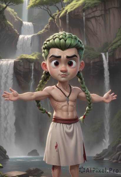 solo,long hair,looking at viewer,red eyes,1boy,navel,jewelry,nipples,standing,braid,male focus,earrings,outdoors,green hair,water,necklace,twin braids,tree,blood,piercing,abs,thick eyebrows,outstretched arms,aged down,child,nature,wading,topless male,male child,river,waterfall,multiple braids,1girl,brown eyes,torn clothes,muscular,rock