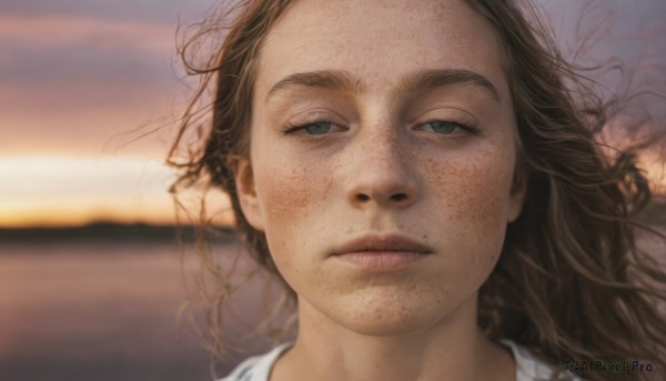 1girl,solo,long hair,looking at viewer,blue eyes,brown hair,shirt,closed mouth,white shirt,outdoors,mole,blurry,lips,grey eyes,depth of field,blurry background,expressionless,messy hair,portrait,freckles,realistic,mole on cheek,sky,floating hair,half-closed eyes,wind,close-up,sunset