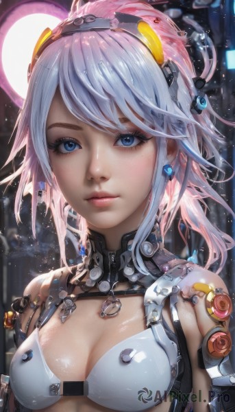 1girl,solo,breasts,looking at viewer,short hair,bangs,blue eyes,hair ornament,cleavage,jewelry,medium breasts,closed mouth,blue hair,upper body,pink hair,bikini,multicolored hair,hairband,earrings,shiny,artist name,signature,lips,shiny skin,eyelashes,swept bangs,headgear,science fiction,realistic,nose,cyborg,bare shoulders,swimsuit,small breasts,bra,armor,expressionless,freckles,cable