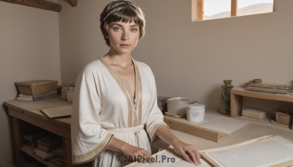 1girl,solo,looking at viewer,short hair,bangs,brown hair,black hair,long sleeves,brown eyes,closed mouth,collarbone,braid,day,indoors,cup,lips,book,window,table,desk,robe,mug,paper,open book,realistic,nose,pen,book stack,white robe,sitting,upper body,wide sleeves,black eyes