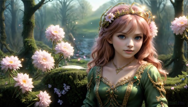 HQ,1girl,solo,long hair,breasts,looking at viewer,bangs,blue eyes,brown hair,hair ornament,long sleeves,dress,cleavage,jewelry,medium breasts,collarbone,upper body,pink hair,flower,outdoors,parted lips,teeth,day,artist name,hair flower,necklace,blurry,tree,lips,eyelashes,sparkle,depth of field,wavy hair,sunlight,grass,tiara,plant,white flower,gem,nature,forest,green dress,realistic,nose,fantasy,daisy,blush,crown,pink flower,freckles