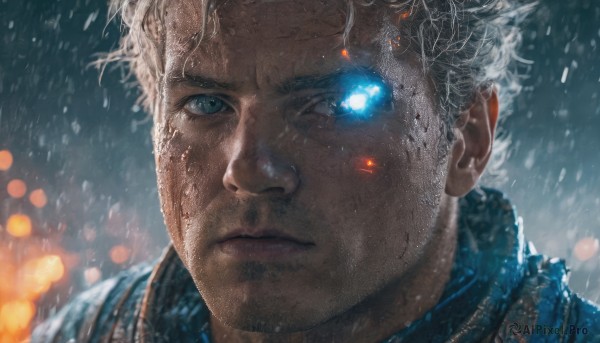 solo,looking at viewer,short hair,blue eyes,1boy,closed mouth,white hair,male focus,scarf,blurry,blurry background,glowing,heterochromia,scar,portrait,glowing eyes,snow,science fiction,snowing,realistic,glowing eye,blonde hair,outdoors,lips,night,facial hair,close-up,rain,serious,stubble,embers