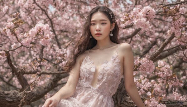 1girl, solo, long hair, breasts, looking at viewer, brown hair, hair ornament, dress, bare shoulders, brown eyes, jewelry, collarbone, upper body, flower, earrings, outdoors, parted lips, sleeveless, white dress, blurry, tree, lips, sleeveless dress, blurry background, cherry blossoms, realistic, branch