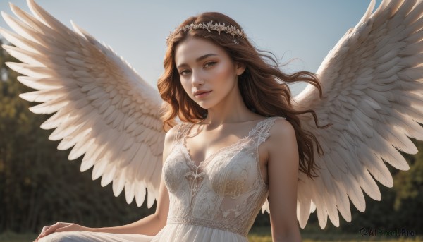 1girl,solo,long hair,breasts,looking at viewer,brown hair,hair ornament,dress,cleavage,bare shoulders,brown eyes,medium breasts,closed mouth,collarbone,upper body,flower,outdoors,wings,sky,sleeveless,day,white dress,blurry,lips,depth of field,blurry background,feathered wings,angel wings,realistic,nose,white wings,angel,head wreath,hair flower,tree,blue sky,backlighting