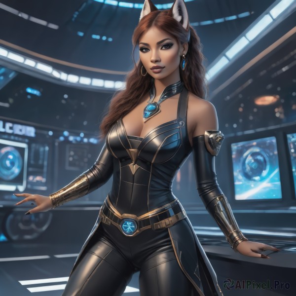 1girl,solo,long hair,breasts,looking at viewer,bangs,large breasts,brown hair,animal ears,cleavage,bare shoulders,brown eyes,jewelry,medium breasts,standing,cowboy shot,earrings,parted lips,detached sleeves,belt,pants,artist name,cat ears,dark skin,necklace,nail polish,dark-skinned female,lips,fingernails,fox ears,bodysuit,makeup,watermark,wavy hair,black pants,lipstick,gem,black nails,skin tight,forehead,eyeshadow,contrapposto,hoop earrings,nose,sharp fingernails,black bodysuit,red lips,eyeliner,smile,indoors,mole,parted bangs,blurry background,fake animal ears,pendant,realistic,tight