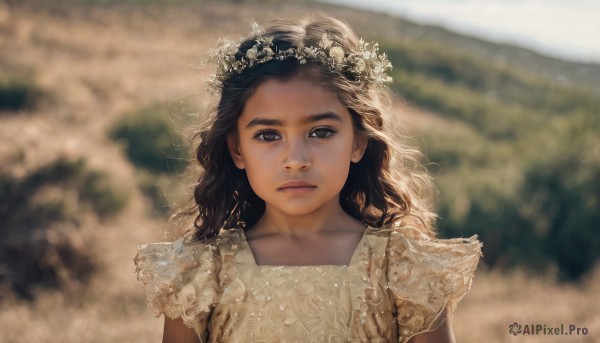 1girl,solo,long hair,looking at viewer,brown hair,black hair,hair ornament,dress,closed mouth,upper body,flower,outdoors,white dress,blurry,black eyes,lips,depth of field,blurry background,expressionless,veil,realistic,nose,bridal veil,head wreath,brown eyes,day,portrait,lace