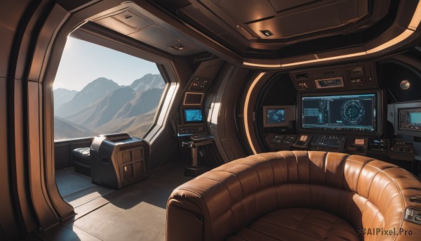 no humans,scenery,reflection,science fiction,mountain,realistic,spacecraft,car interior,cockpit,steering wheel,seat,sky,day,indoors,signature,window,sunlight,robot,monitor,screen