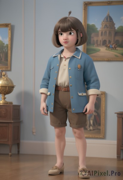 1girl,solo,short hair,bangs,brown hair,shirt,long sleeves,brown eyes,closed mouth,standing,jacket,full body,white shirt,ahoge,open clothes,shoes,shorts,belt,indoors,open jacket,lips,looking to the side,window,buttons,brown footwear,table,blue jacket,child,buckle,pocket,belt buckle,unbuttoned,female child,brown belt,brown shorts,no socks,picture frame,painting (object),denim jacket,smile,holding,parted lips,book,phone,bob cut,sleeves rolled up,realistic