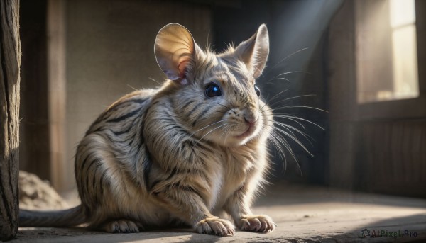 HQ,solo,blue eyes,closed mouth,full body,indoors,blurry,no humans,window,blurry background,animal,sunlight,cat,light rays,realistic,animal focus,mouse,whiskers,looking at viewer,signature,colored sclera