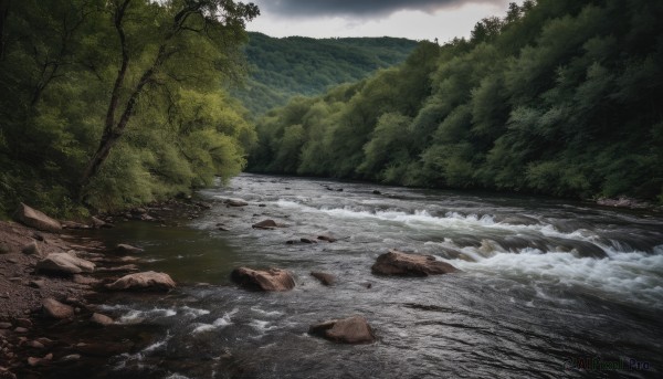 outdoors,sky,day,cloud,water,tree,no humans,cloudy sky,nature,scenery,forest,rock,mountain,river,landscape,waves,shore