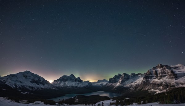 outdoors,sky,tree,no humans,night,star (sky),nature,night sky,scenery,snow,forest,starry sky,mountain,landscape,mountainous horizon,shooting star,sunrise,grass,sunset