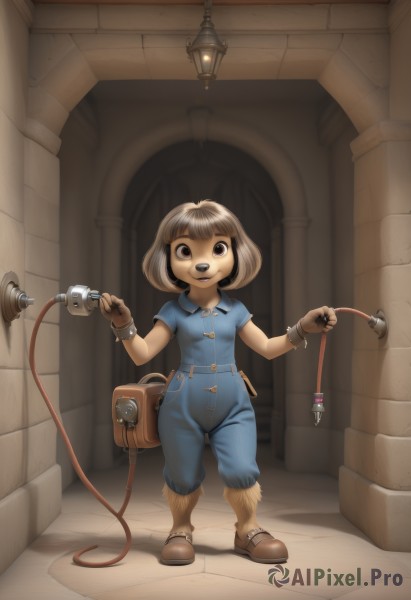 1girl,solo,looking at viewer,smile,short hair,open mouth,bangs,brown hair,shirt,gloves,holding,animal ears,brown eyes,standing,full body,short sleeves,boots,teeth,indoors,blunt bangs,fingerless gloves,bag,brown footwear,child,furry,brown gloves,furry female,female child,overalls,hooves,small breasts,alternate costume,artist name,black eyes,buttons,upper teeth only,watermark,happy,dog ears,dog tail,dog girl,body fur,animal nose,brown fur,blue overalls