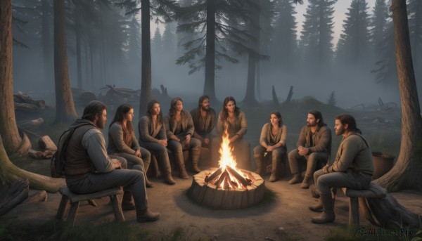 long hair,brown hair,shirt,black hair,long sleeves,sitting,male focus,boots,outdoors,food,multiple boys,pants,vest,tree,facial hair,grass,fire,nature,beard,forest,6+boys,rock,mustache,cooking,tree stump,log,tent,campfire,wood,short hair,jacket,night,backpack,denim,realistic