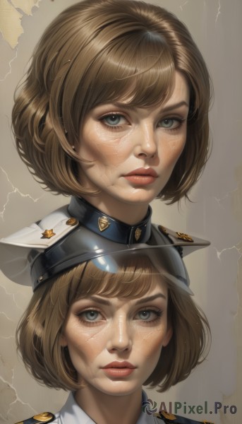 1girl,solo,looking at viewer,short hair,bangs,blue eyes,brown hair,hat,parted lips,artist name,uniform,lips,grey eyes,military,military uniform,multiple views,bob cut,portrait,military hat,realistic,nose,shirt,jewelry,closed mouth,earrings,signature,grey background,eyelashes,scar,expressionless,peaked cap,freckles,stud earrings