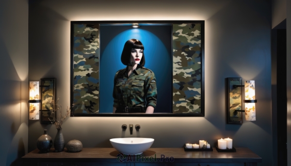 1girl,solo,short hair,bangs,blue eyes,black hair,jacket,upper body,belt,indoors,blunt bangs,uniform,black eyes,cup,military,military uniform,makeup,table,sunglasses,bob cut,lipstick,sleeves rolled up,bowl,red lips,camouflage,camouflage jacket,closed mouth,tree,lips,looking to the side,window,shadow,photo (object),explosive,vase,sink