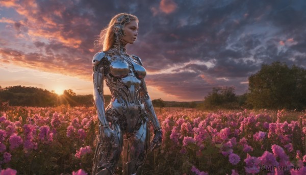 1girl, solo, long hair, breasts, medium breasts, standing, flower, outdoors, sky, cloud, tree, nature, scenery, science fiction, sunset, realistic, android, field