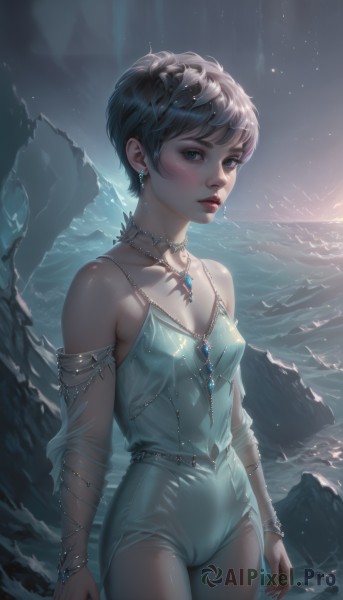 1girl,solo,breasts,looking at viewer,blush,short hair,bangs,blue eyes,black hair,hair ornament,cleavage,bare shoulders,jewelry,standing,collarbone,grey hair,cowboy shot,earrings,small breasts,outdoors,parted lips,detached sleeves,sky,shiny,artist name,water,necklace,mole,bracelet,leotard,lips,see-through,grey eyes,makeup,night,cameltoe,bird,ocean,gem,star (sky),night sky,pendant,starry sky,backlighting,freckles,crystal,mountain,realistic,nose,red lips,lake,closed mouth,choker,nail polish,covered nipples,fingernails,lipstick,pink lips,spaghetti strap,very short hair,waves