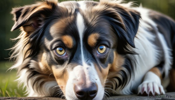 HQ,solo,looking at viewer,yellow eyes,blurry,no humans,depth of field,blurry background,animal,cat,grass,claws,close-up,realistic,animal focus,whiskers,tiger,lion,artist name,signature,watermark,web address,dog