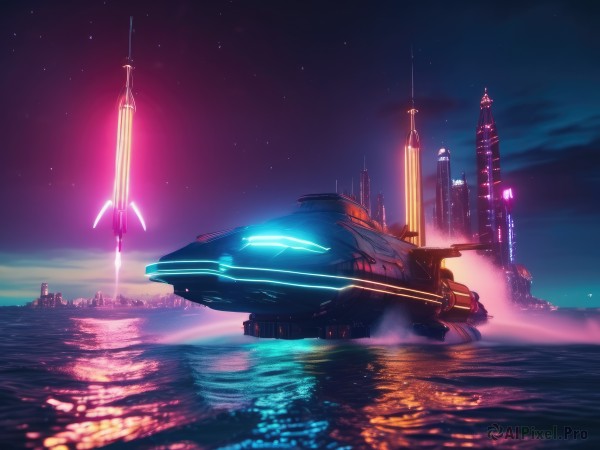 outdoors,sky,cloud,water,no humans,night,glowing,ocean,building,star (sky),night sky,scenery,starry sky,reflection,science fiction,city,aircraft,fantasy,cityscape,watercraft,tower,spacecraft,city lights,lights,horizon,vehicle focus,skyscraper