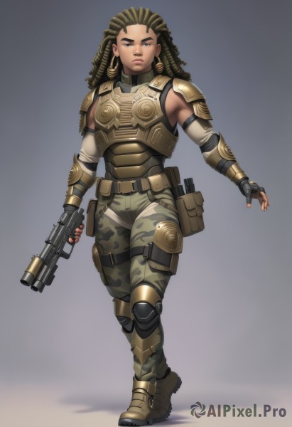 1girl,solo,long hair,looking at viewer,brown hair,gloves,holding,brown eyes,jewelry,standing,full body,weapon,earrings,boots,sleeveless,black gloves,belt,pants,dark skin,fingerless gloves,grey background,holding weapon,armor,dark-skinned female,lips,gradient,gun,military,gradient background,shoulder armor,holding gun,rifle,handgun,walking,pouch,hoop earrings,breastplate,nose,knee pads,trigger discipline,camouflage,elbow pads,very dark skin,dreadlocks,thigh pouch,camouflage pants,simple background,black hair,closed mouth,detached sleeves,elbow gloves,forehead,brown gloves,serious,realistic,armored boots,green pants,finger on trigger,bulletproof vest