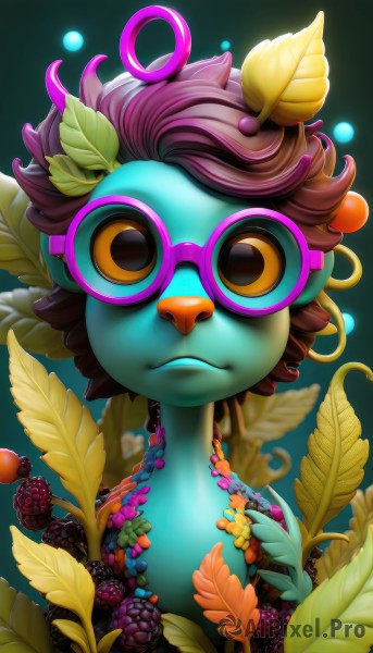 solo,looking at viewer,brown hair,1boy,brown eyes,closed mouth,upper body,flower,male focus,food,glasses,artist name,orange eyes,no humans,fruit,colored skin,leaf,plant,green background,green skin,leaf on head,grapes,yellow sclera,pink-framed eyewear,berry,1girl,short hair,hair ornament,pink hair,multicolored hair,watermark,curly hair,blue skin