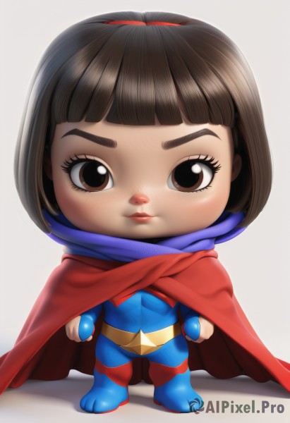 1girl,solo,looking at viewer,smile,short hair,bangs,simple background,brown hair,white background,ribbon,brown eyes,closed mouth,standing,full body,hair ribbon,shiny,blunt bangs,grey background,chibi,cape,lips,bodysuit,shadow,child,clenched hands,freckles,red cape,female child,animification,superhero,blue bodysuit