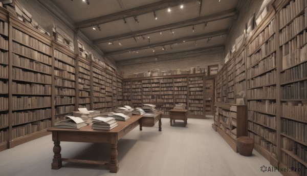 indoors,book,no humans,shadow,chair,table,scenery,paper,bookshelf,lamp,shelf,book stack,library,ceiling,ceiling light,voile,desk,ladder