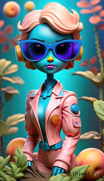 1girl,solo,breasts,looking at viewer,short hair,blonde hair,long sleeves,standing,jacket,pink hair,cowboy shot,small breasts,parted lips,food,open clothes,belt,blurry,lips,bodysuit,makeup,fruit,depth of field,colored skin,headphones,leaf,sunglasses,lipstick,goggles,buckle,belt buckle,blue skin,basket,pink jacket,tinted eyewear,jumpsuit,pink skin,pink bodysuit,blue lips,fewer digits,pink pants,blue-tinted eyewear,brown hair,shirt,multicolored hair,pants,blurry background,watch,blue gloves,wristwatch,joints,cyborg,purple lips