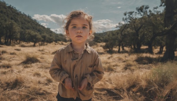 solo,looking at viewer,short hair,blue eyes,brown hair,shirt,black hair,long sleeves,1boy,standing,upper body,male focus,outdoors,parted lips,sky,day,collared shirt,cloud,blurry,tree,blue sky,cloudy sky,child,nature,forest,realistic,brown shirt,male child,field,open mouth,blonde hair,white shirt,teeth,blurry background,grass,aged down,wind,scenery,brown jacket