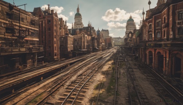 outdoors,sky,day,cloud,blue sky,no humans,cloudy sky,building,scenery,stairs,city,sign,railing,road,cityscape,architecture,bridge,tower,train,arch,train station,railroad tracks,fantasy,lamppost,vanishing point