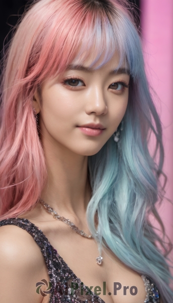 1girl,solo,long hair,breasts,looking at viewer,smile,bangs,dress,cleavage,bare shoulders,brown eyes,jewelry,medium breasts,closed mouth,blue hair,collarbone,upper body,pink hair,multicolored hair,earrings,sleeveless,necklace,two-tone hair,lips,eyelashes,gradient hair,makeup,realistic,nose,heart,pink background