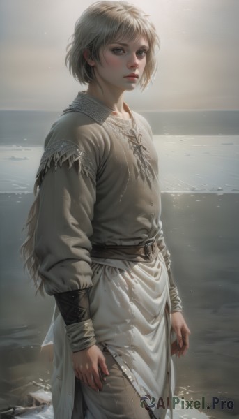 1girl,solo,looking at viewer,short hair,bangs,brown hair,shirt,long sleeves,brown eyes,closed mouth,standing,cowboy shot,outdoors,sky,day,belt,water,lips,wet,grey eyes,ocean,beach,sunlight,wet clothes,wading,realistic,nose,sand,arms at sides,shore,tunic,breasts,blonde hair,parted lips