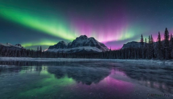 outdoors,sky,cloud,water,tree,no humans,night,star (sky),nature,night sky,scenery,snow,forest,starry sky,reflection,mountain,river,landscape,lake,reflective water,aurora,signature,milky way