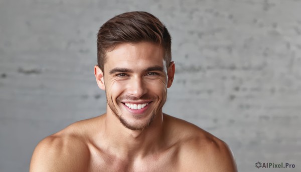 solo,looking at viewer,smile,short hair,open mouth,brown hair,1boy,collarbone,upper body,male focus,teeth,grey background,grin,facial hair,portrait,beard,meme,topless male,realistic,mustache,real life insert,brown eyes,nude,muscular,manly