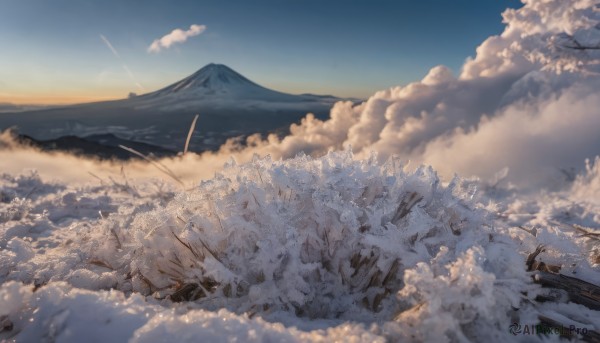 outdoors, sky, day, cloud, tree, blue sky, no humans, scenery, snow, mountain, landscape