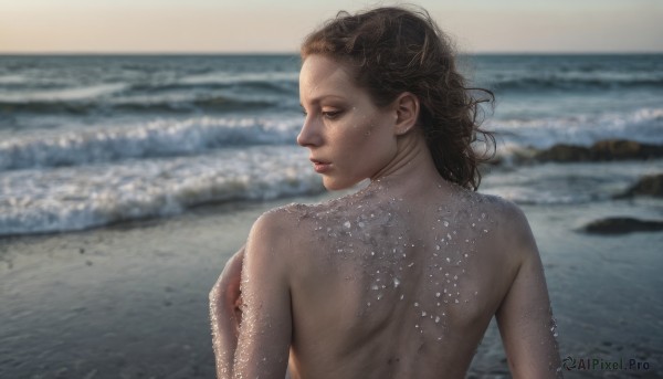 1girl,solo,long hair,brown hair,black hair,jewelry,closed mouth,closed eyes,upper body,nude,earrings,outdoors,day,looking back,water,from behind,blurry,lips,wet,profile,blurry background,ocean,back,beach,freckles,realistic,nose,wet hair,photo background,curly hair,shore,back focus