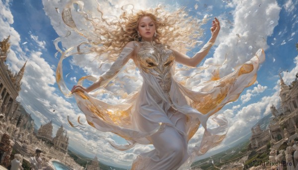 1girl,solo,long hair,breasts,blue eyes,blonde hair,dress,jewelry,earrings,outdoors,sky,solo focus,day,cloud,white dress,blue sky,lips,see-through,dutch angle,floating hair,bird,wavy hair,cloudy sky,wind,building,scenery,flying,curly hair,city,realistic,skirt hold,fantasy,long dress,castle,tower,looking at viewer,bare shoulders