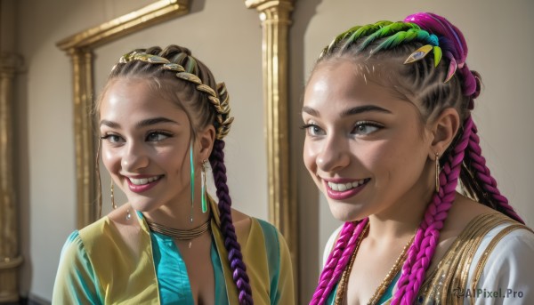 long hair,breasts,smile,multiple girls,hair ornament,2girls,cleavage,jewelry,upper body,purple hair,braid,multicolored hair,earrings,teeth,dark skin,necklace,grin,looking at another,twin braids,two-tone hair,dark-skinned female,lips,streaked hair,grey eyes,makeup,siblings,lipstick,sisters,portrait,dual persona,freckles,reflection,twins,mirror,realistic,nose,red lips,multiple braids,brown hair,black hair,brown eyes,green hair,hairclip,indoors,hair bun,mole,looking to the side,single hair bun,forehead,dreadlocks