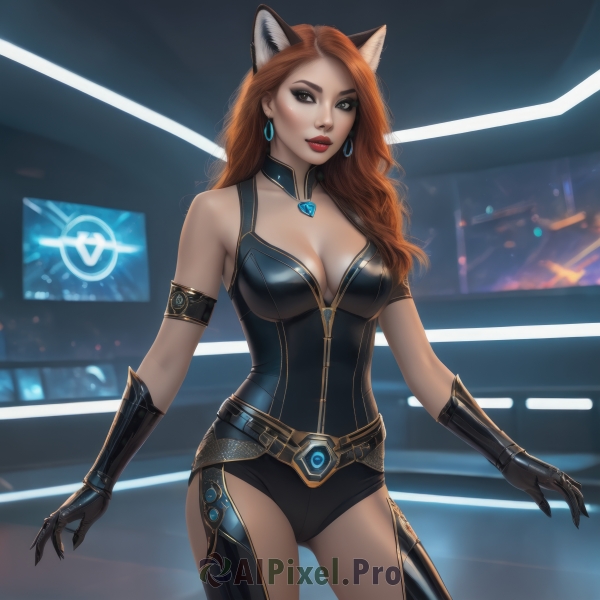 1girl,solo,long hair,breasts,looking at viewer,large breasts,brown hair,gloves,animal ears,cleavage,bare shoulders,brown eyes,jewelry,medium breasts,standing,cowboy shot,earrings,black gloves,belt,cat ears,orange hair,leotard,lips,makeup,lipstick,claws,armlet,red lips,collarbone,red hair,choker,artist name,mole,blurry,bodysuit,blurry background,freckles,contrapposto,curly hair,realistic,black bodysuit,neon lights