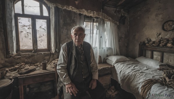 solo,looking at viewer,short hair,shirt,long sleeves,1boy,sitting,white hair,male focus,pants,indoors,vest,cup,coat,pillow,window,blood,bed,facial hair,on bed,scar,chair,black pants,stuffed toy,table,curtains,beard,injury,clock,old,broken,old man,statue,corpse,white shirt,black vest,realistic,bald,brown vest