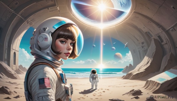 1girl,looking at viewer,short hair,bangs,blue eyes,brown hair,1boy,upper body,outdoors,parted lips,sky,solo focus,day,cloud,signature,blunt bangs,water,mole,blue sky,lips,makeup,bird,ocean,beach,sunlight,bob cut,helmet,scenery,lens flare,reflection,science fiction,rock,realistic,nose,sand,sun,horizon,red lips,flag,space,planet,earth (planet),american flag,spacecraft,spacesuit,desert,japanese flag,space helmet,astronaut,solo,standing,weapon,gun,flag print,pilot,american flag print