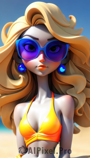 1girl,solo,long hair,breasts,looking at viewer,blonde hair,navel,cleavage,bare shoulders,jewelry,closed mouth,collarbone,swimsuit,upper body,bikini,earrings,small breasts,outdoors,sky,day,midriff,black eyes,bracelet,lips,eyelashes,makeup,colored skin,ocean,beach,sunglasses,lipstick,yellow bikini,tinted eyewear,orange bikini,blue-tinted eyewear,blue eyes,stomach,wavy hair,nose